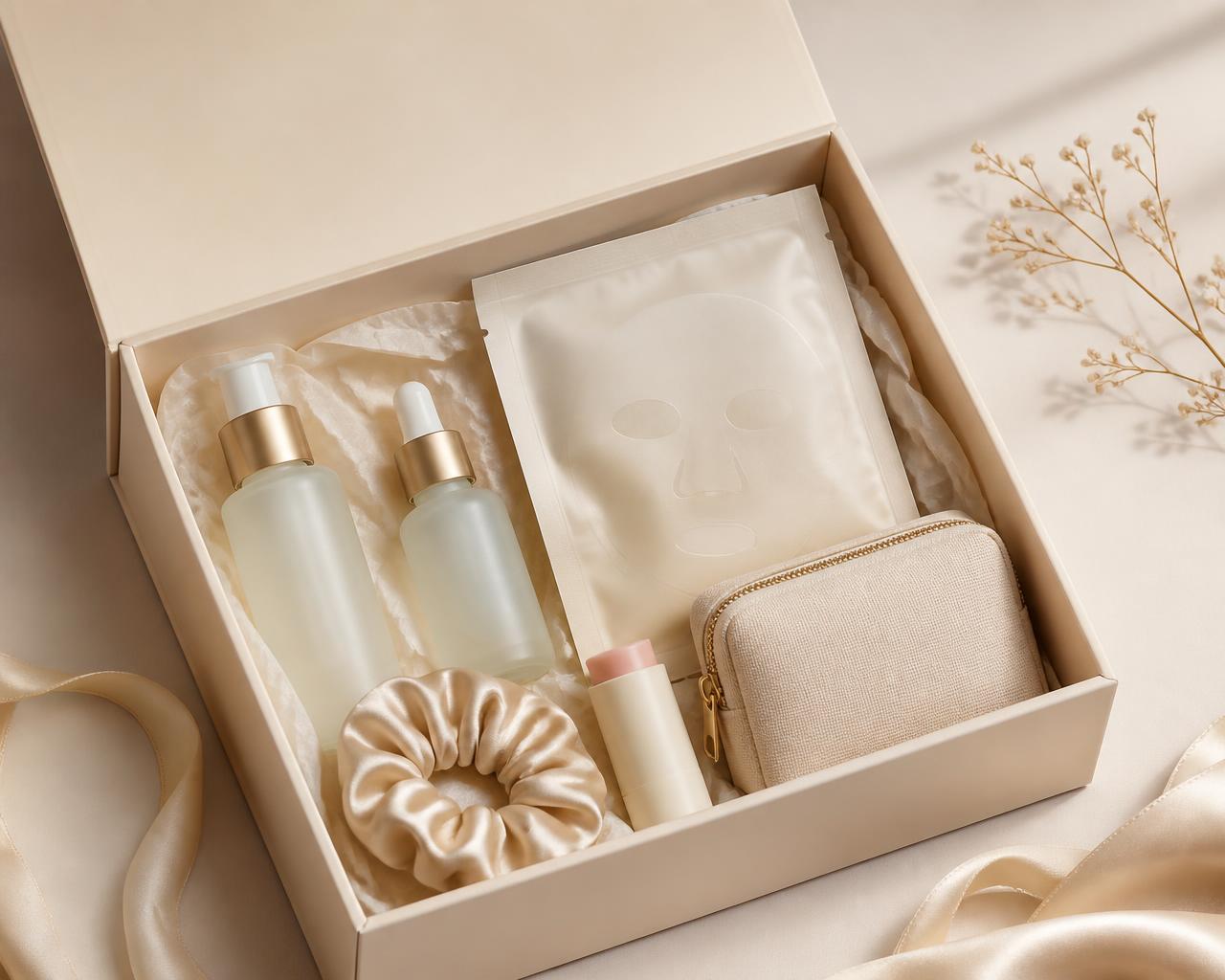 Swiss Beauty Self-Care Kit ouvert, contenant soins visage, masque, soin des lèvres, chouchou en satin et pochette